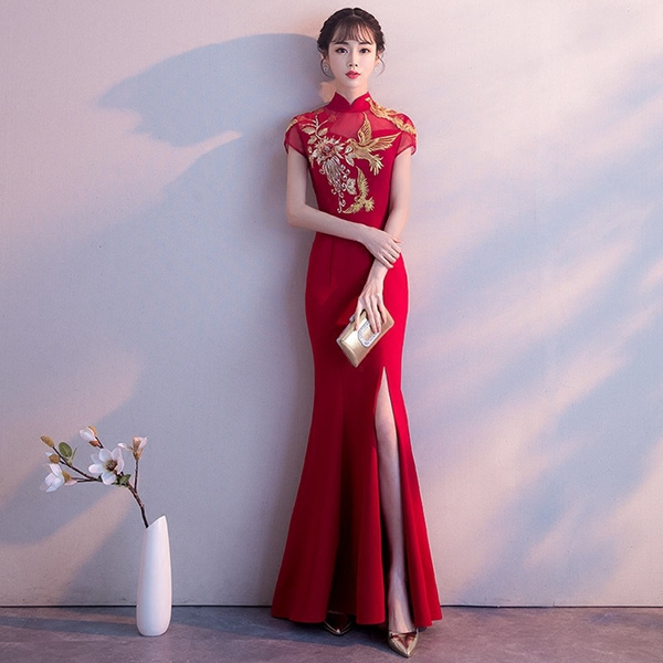 Chinese Style Gold Beadings Red Satin Long Formal Dress - Lunss